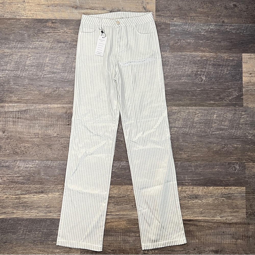 NWT Apperloth A silver and white striped straight leg jeans size medium M B122